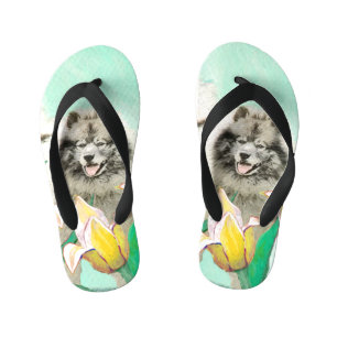 Keeshond in Tulips Painting Cute Original Dog Art Kid's Jandals