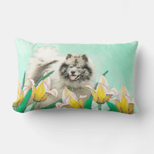 Keeshond in Tulips Painting Cute Original Dog Art Lumbar Cushion