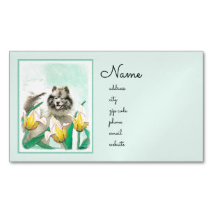 Keeshond in Tulips Painting Cute Original Dog Art Magnetic Business Card