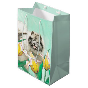 Keeshond in Tulips Painting Cute Original Dog Art Medium Gift Bag
