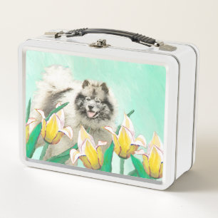 Keeshond in Tulips Painting Cute Original Dog Art Metal Lunch Box