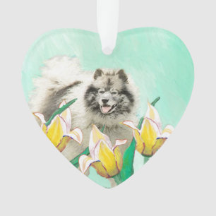 Keeshond in Tulips Painting Cute Original Dog Art Ornament