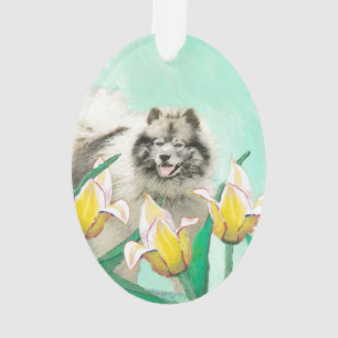 Keeshond in Tulips Painting Cute Original Dog Art Ornament