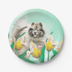 Keeshond in Tulips Painting Cute Original Dog Art Paper Plate