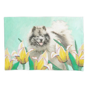 Keeshond in Tulips Painting Cute Original Dog Art Pillowcase