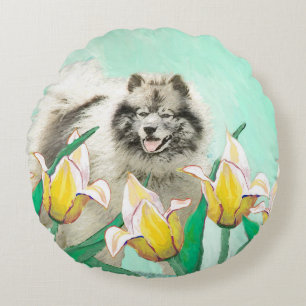Keeshond in Tulips Painting Cute Original Dog Art Round Cushion