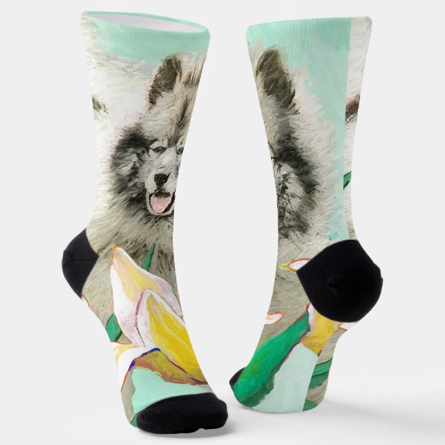 Keeshond in Tulips Painting Cute Original Dog Art Socks (Angled)