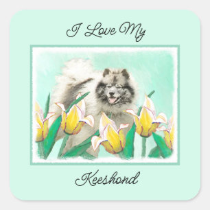 Keeshond in Tulips Painting Cute Original Dog Art Square Sticker