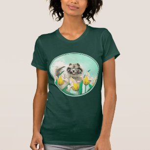 Keeshond in Tulips Painting Cute Original Dog Art T-Shirt