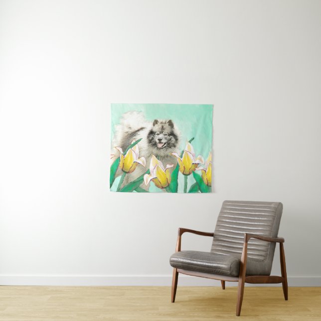 Keeshond in Tulips Painting Cute Original Dog Art Tapestry (In Situ (Horizontal))