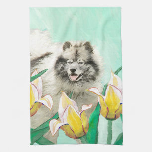 Keeshond in Tulips Painting Cute Original Dog Art Tea Towel