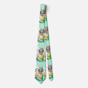 Keeshond in Tulips Painting Cute Original Dog Art Tie