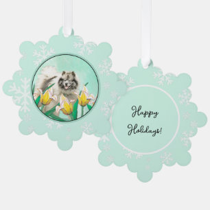 Keeshond in Tulips Painting Cute Original Dog Art Tree Decoration Card