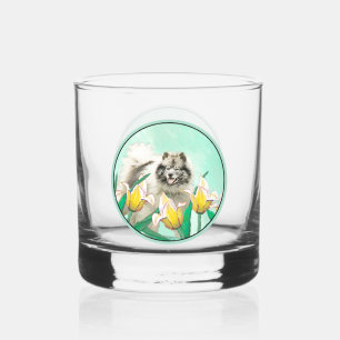 Keeshond in Tulips Painting Cute Original Dog Art Whiskey Glass