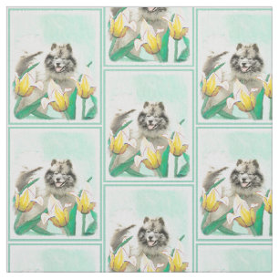 Keeshond in Tulips Painting - Original Dog Art Fabric