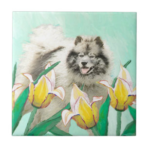 Keeshond in Tulips Painting - Original Dog Art Tile