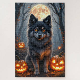 Keeshond Moonlit Halloween Portrait Art Jigsaw Puzzle
