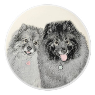 Keeshond Mum and Son Painting - Original Dog Art Ceramic Knob