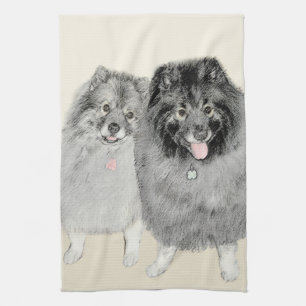 Keeshond Mum and Son Painting - Original Dog Art Tea Towel