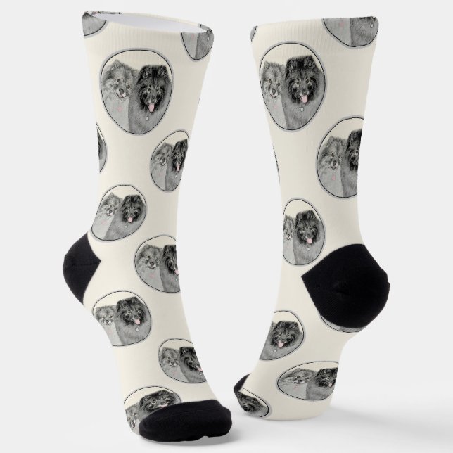 Keeshond Painting 2 Keeshonden Original Dog Art Socks (Angled)