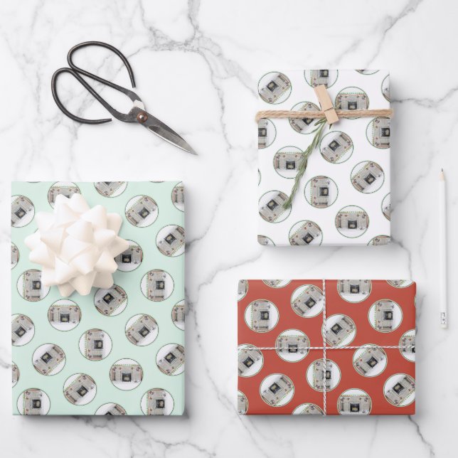 Keeshond Painting Christmas Puppy by Fireplace Art Wrapping Paper Sheet (Front)