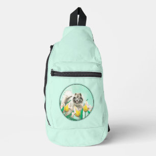 Keeshond Painting in Tulips Cute Original Dog Art Sling Bag