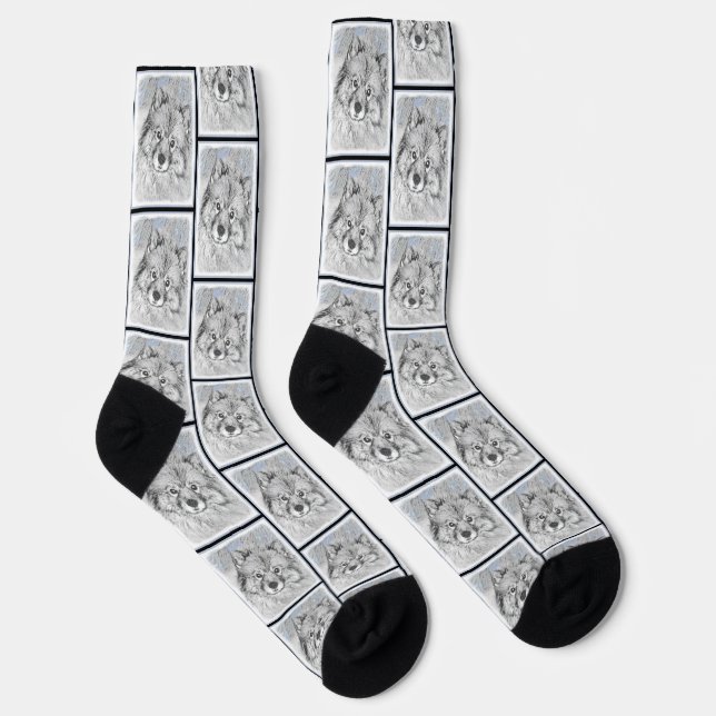 Keeshond Painting Kees Cute Original Pet Dog Art Socks (Right)