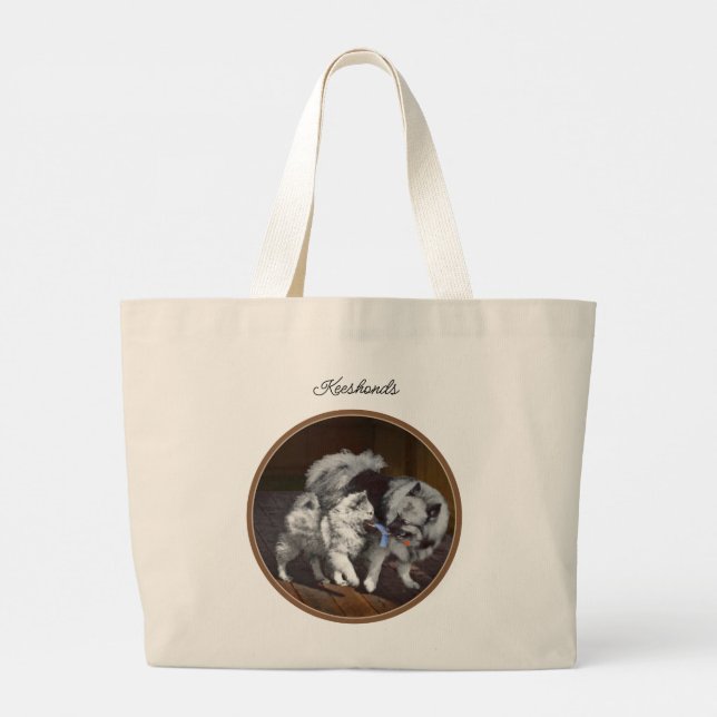 Keeshond Painting Playtime Cute Original Dog Art Large Tote Bag (Back)