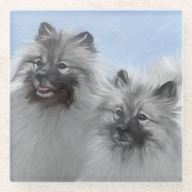 Keeshond Pair of Kees Painting Original Animal Art Glass Coaster (Front)