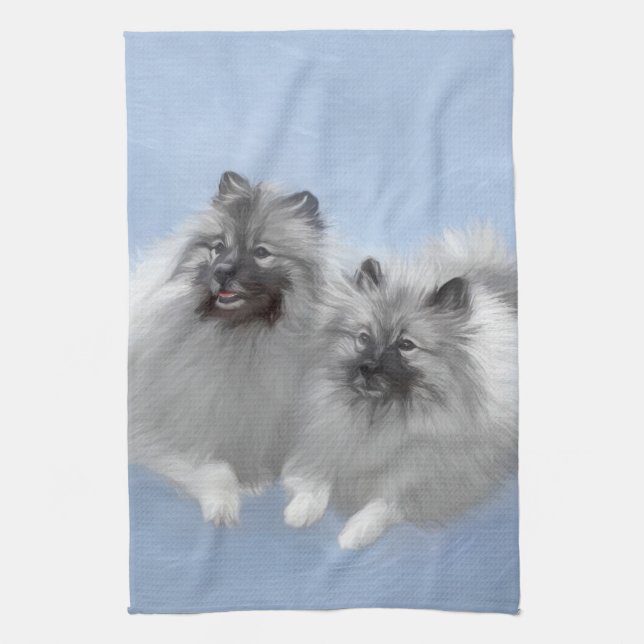 Keeshond Pair of Kees Painting Original Animal Art Tea Towel (Vertical)