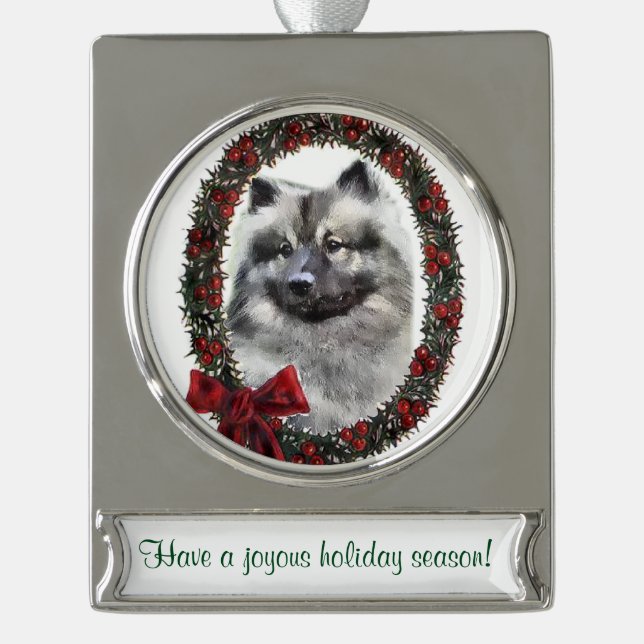 Keeshond Personalised Christmas Silver Plated Banner Ornament (Front)