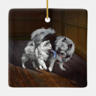 Keeshond Playtime Painting - Cute Original Dog Art Ceramic Ornament