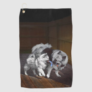 Keeshond Playtime Painting - Cute Original Dog Art Golf Towel