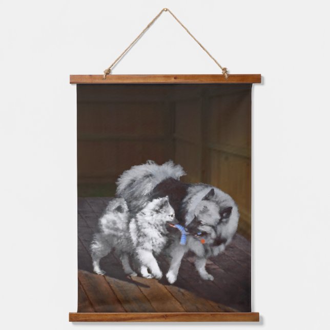 Keeshond Playtime Painting - Cute Original Dog Art Hanging Tapestry (Front)