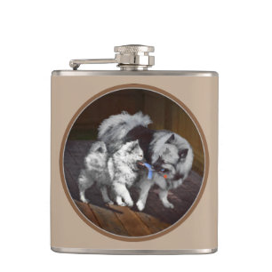 Keeshond Playtime Painting - Cute Original Dog Art Hip Flask