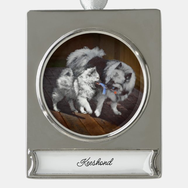 Keeshond Playtime Painting - Cute Original Dog Art Silver Plated Banner Ornament (Front)