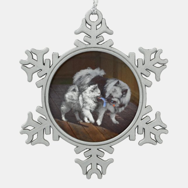 Keeshond Playtime Painting - Cute Original Dog Art Snowflake Pewter Christmas Ornament (Front)