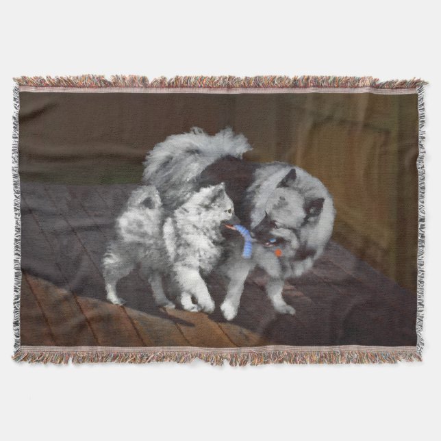 Keeshond Playtime Painting - Cute Original Dog Art Throw Blanket (Front)