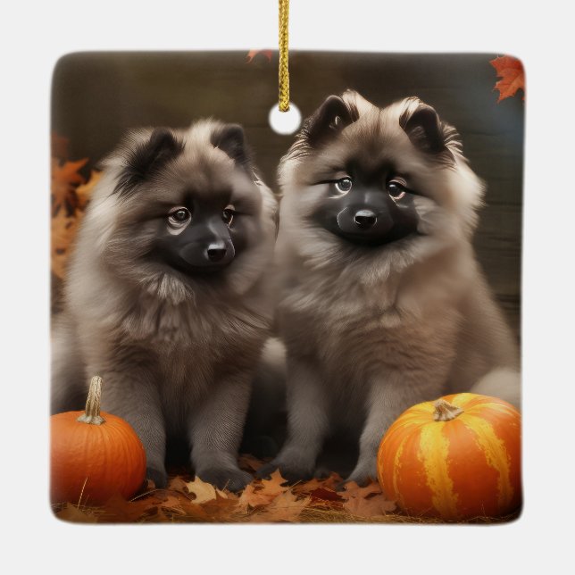 Keeshond Puppy Autumn Delight Pumpkin Ceramic Ornament (Back)
