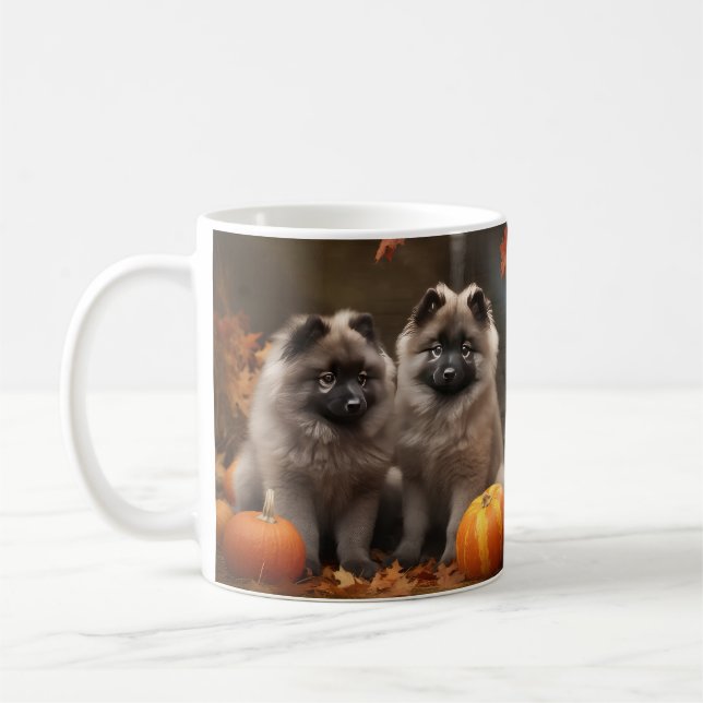 Keeshond Puppy Autumn Delight Pumpkin Coffee Mug (Left)