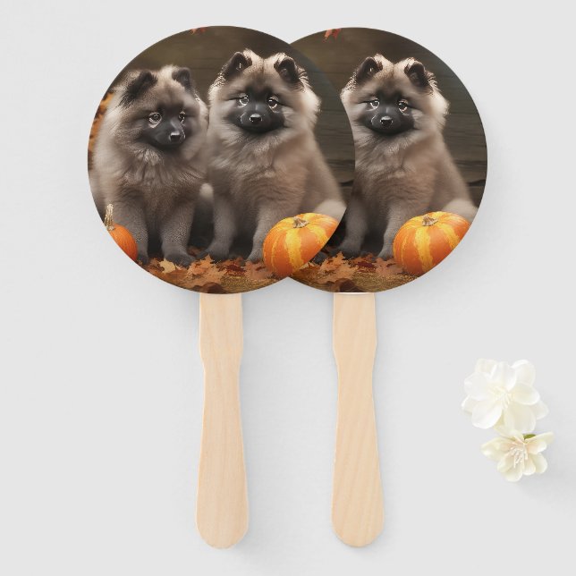 Keeshond Puppy Autumn Delight Pumpkin Hand Fan (Front and Back)