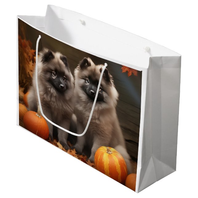 Keeshond Puppy Autumn Delight Pumpkin Large Gift Bag (Front Angled)