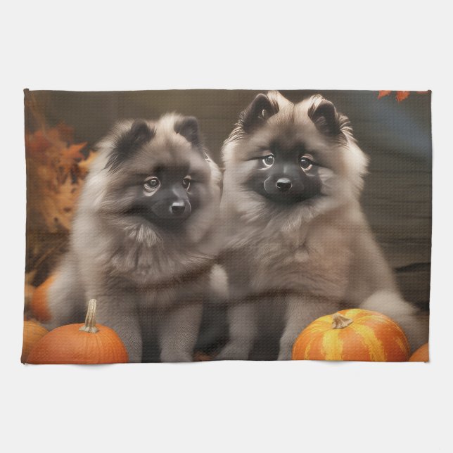 Keeshond Puppy Autumn Delight Pumpkin Tea Towel (Horizontal)