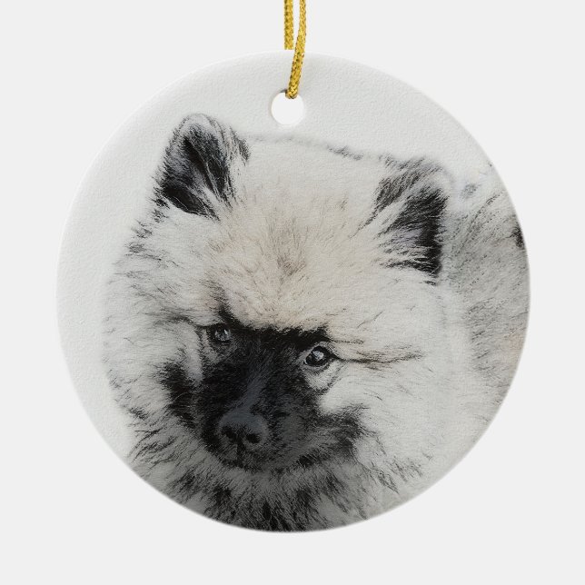 Keeshond Puppy Drawing - Cute Original Dog Art Ceramic Tree Decoration (Front)