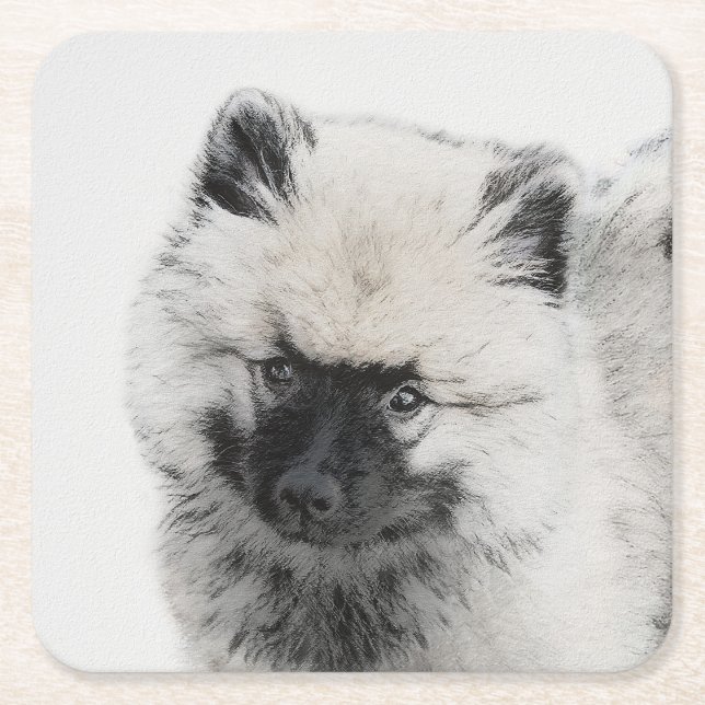 Keeshond Puppy Drawing - Cute Original Dog Art Square Paper Coaster (Front)