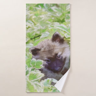 Keeshond Puppy in the Garden Painting Original Art Bath Towel Set