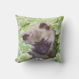 Keeshond Puppy in the Garden Painting Original Art Cushion