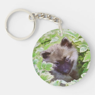 Keeshond Puppy in the Garden Painting Original Art Key Ring