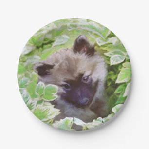 Keeshond Puppy in the Garden Painting Original Art Paper Plate