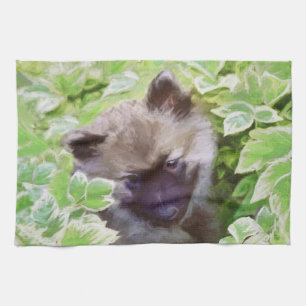 Keeshond Puppy in the Garden Painting Original Art Tea Towel